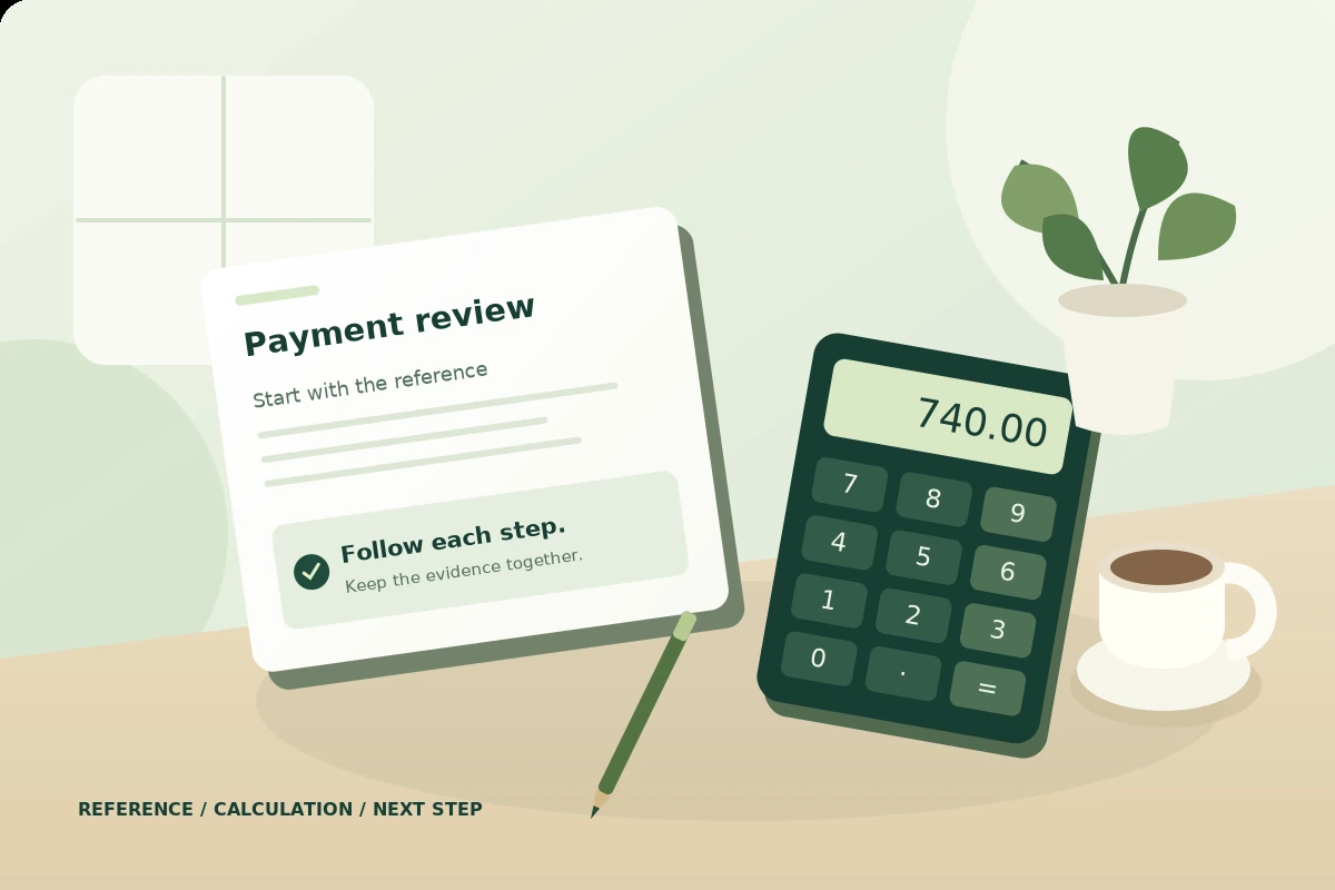 An original illustration of a payment-review workspace with a reference sheet, calculator, pencil and plant.